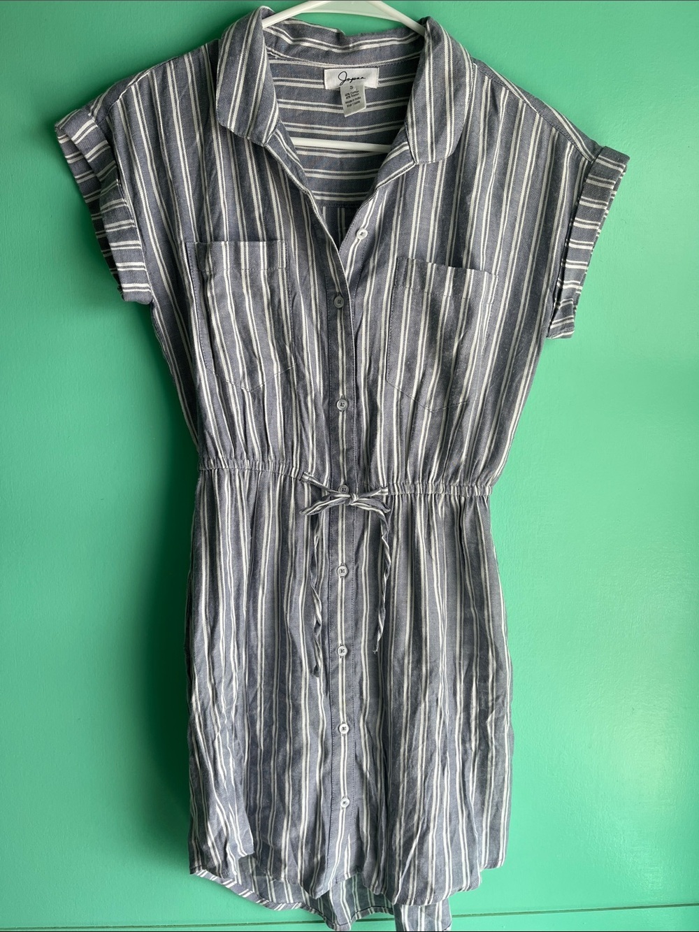 Japna Navy & White Striped Button-Front Drawstring Shirt Dress